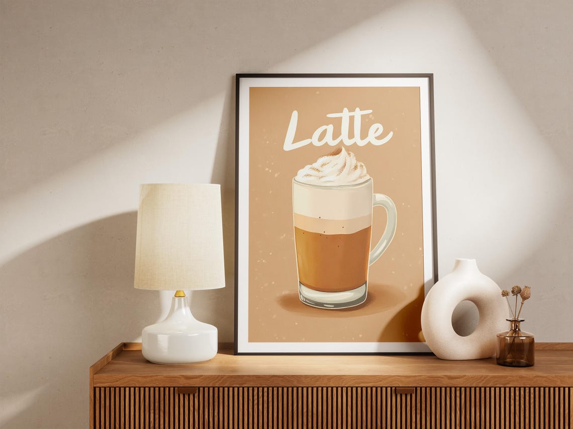 Classic Latte Coffee Tall Glass Cup Creamy Cafe Illustration Poster - Image 5
