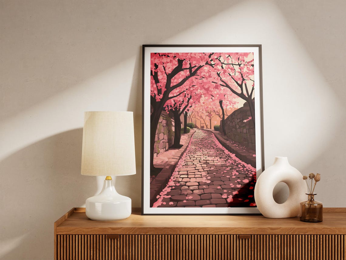Pink Cherry Blossom Cobblestone Path Spring Petal Lane Poster - Image 5