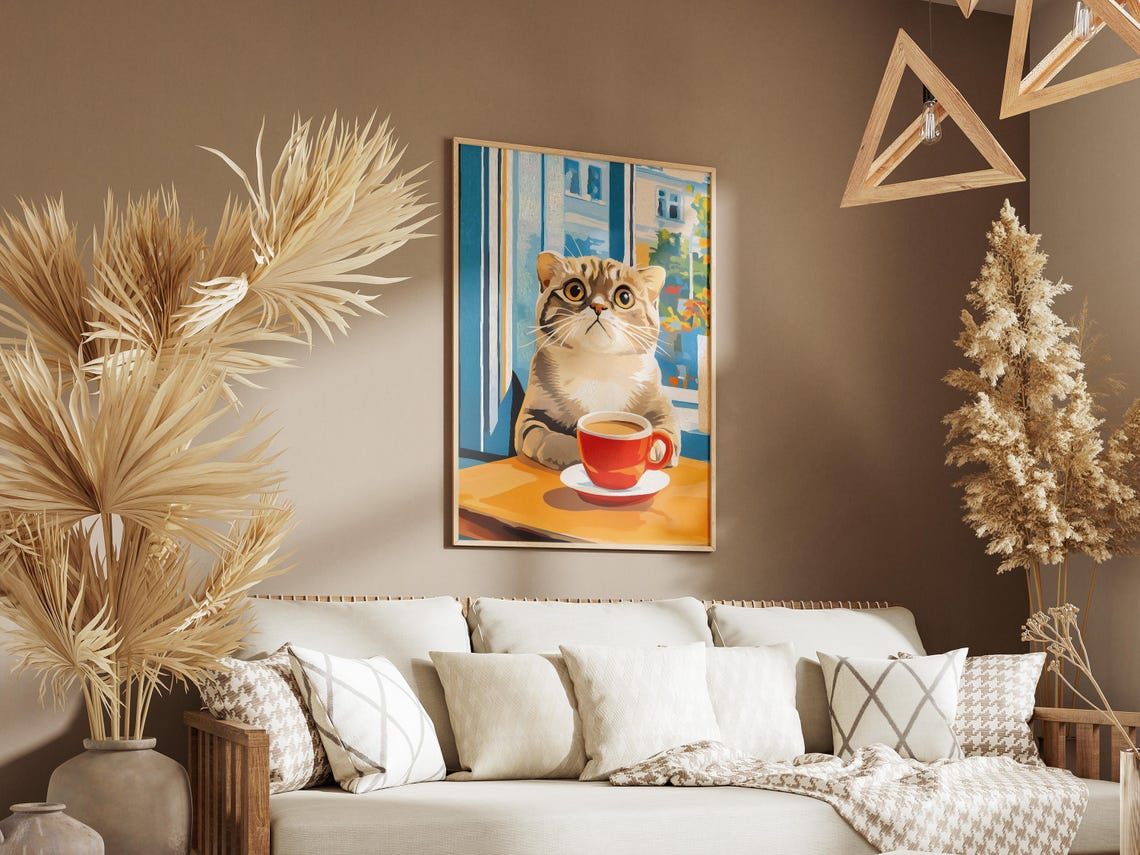 Scottish Fold Cat Drinking Coffee Cozy Cafe Table Art Poster - Image 3