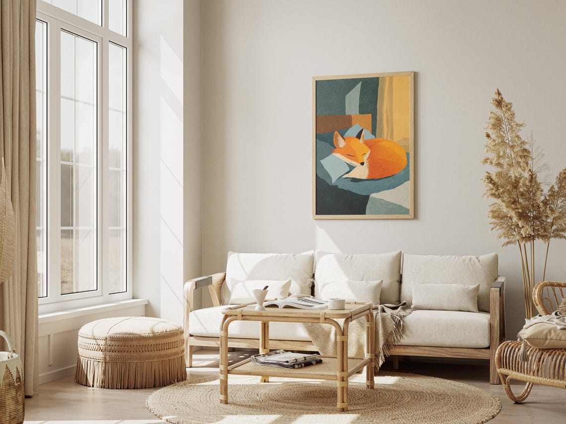 Charming Sleeping Fox Matisse Style Gouache Painting Print Whimsical Animal Nursery Wall Art Cozy Bedroom Decor Modern Illustration Gift - Image 3