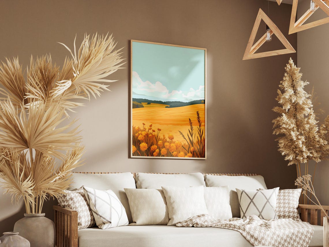 Golden Meadow With Marigold Flowers Poster Rolling Hills Sky - Image 3
