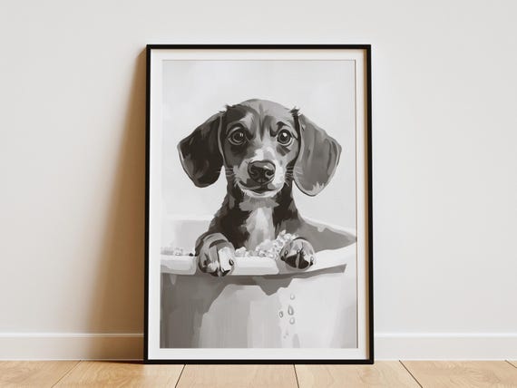 Dachshund Dog In Bathtub Poster Print Cute Pet Animal Wall Art Funny Bathroom Decor Wiener Black And White Minimalist