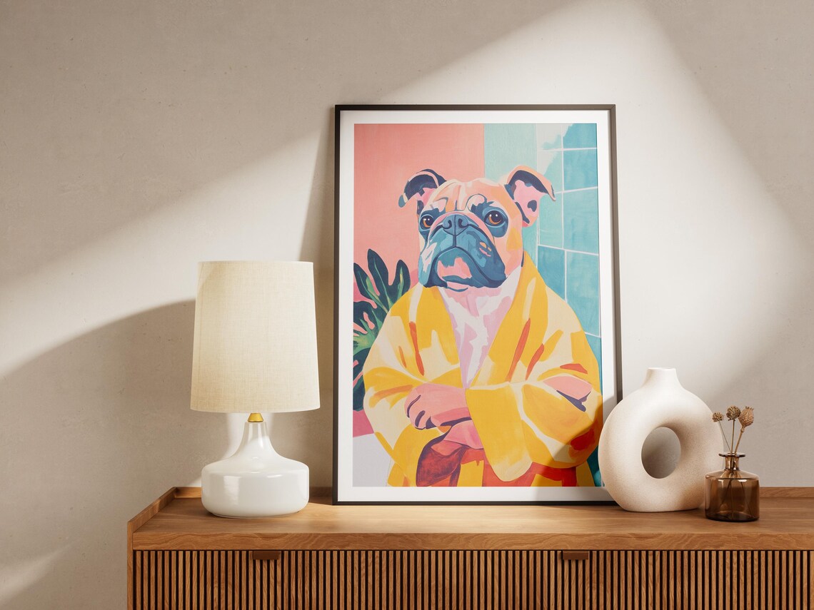 French Bulldog Yellow Bathrobe Colorful Modern Bathroom Dog Art Poster - Image 4
