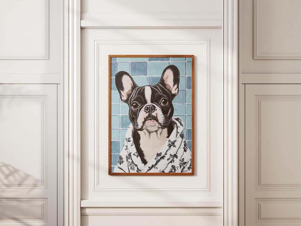 French Bulldog Puppy in Floral Robe Cute Bathroom Decor Poster - Image 2
