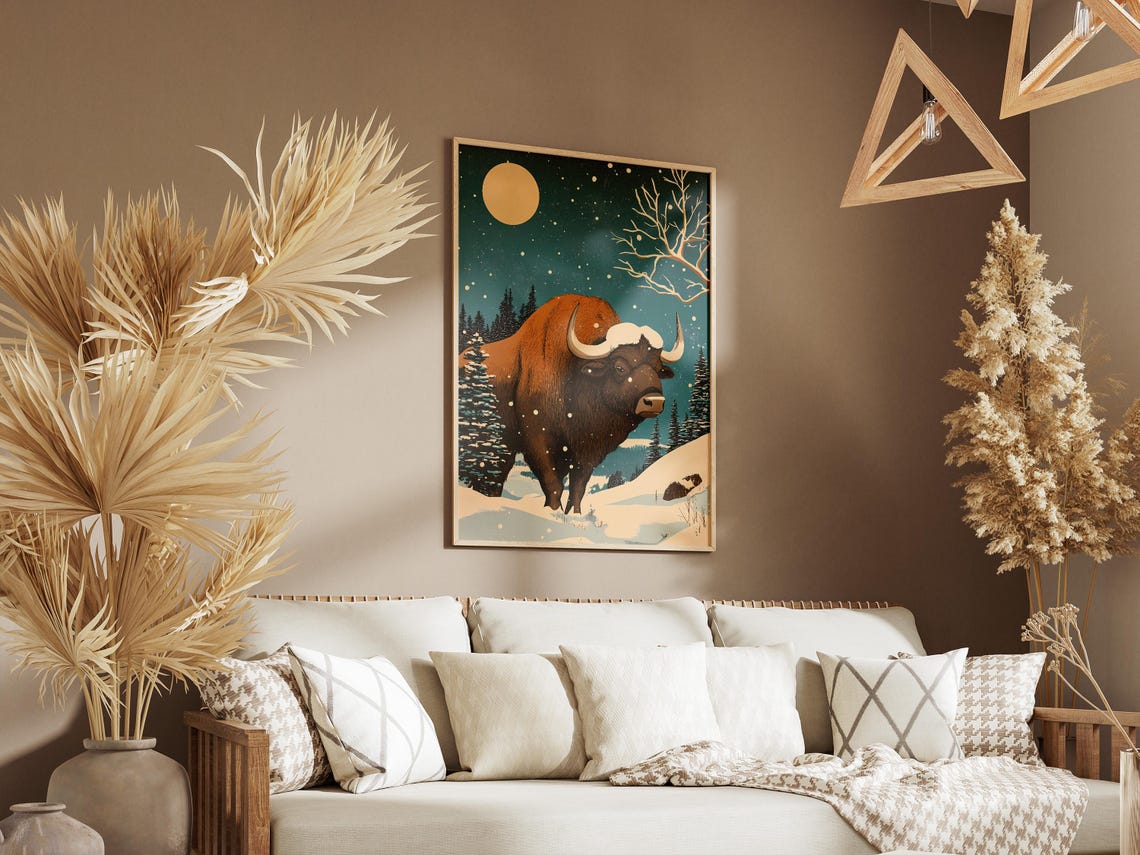 Christmas Buffalo in Snowy Moonlit Forest Winter Holiday Poster - Image 3
