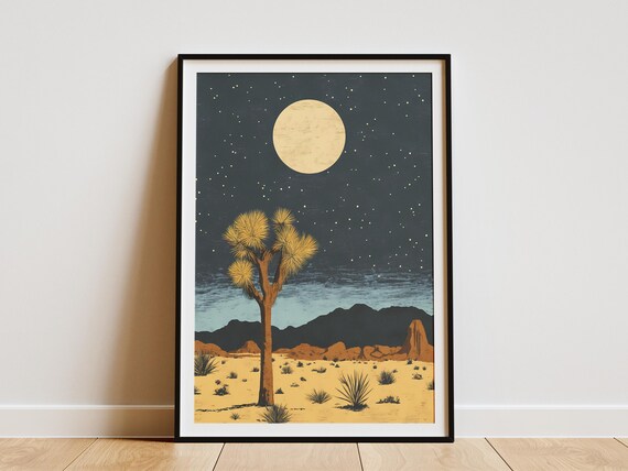 Joshua Tree National Park Desert Night Spiky Tree Moon Starry Art Poster