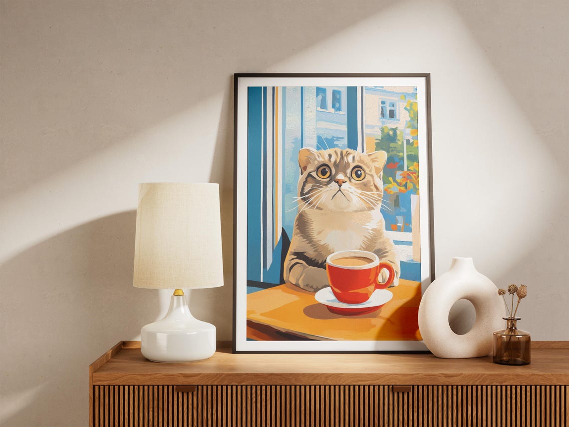 Scottish Fold Cat Drinking Coffee Cozy Cafe Table Art Poster - Image 4