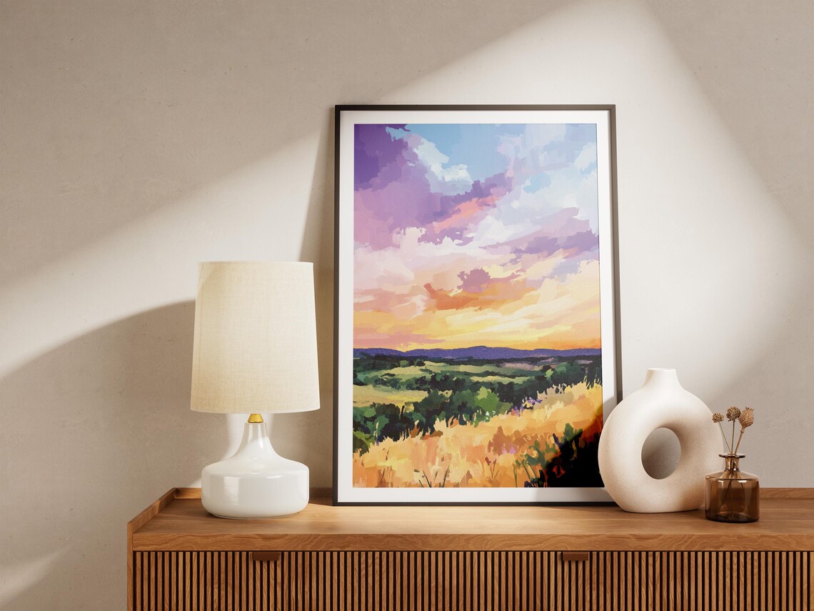 Painted Sunset Sky Over Rolling Green And Golden Hills Poster - Image 4