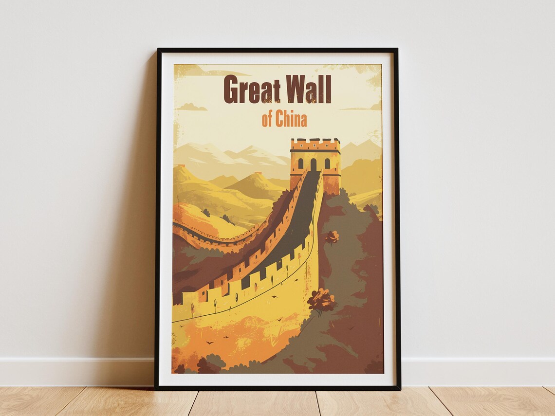 Great Wall of China Golden Watchtower Vintage Travel Art Poster