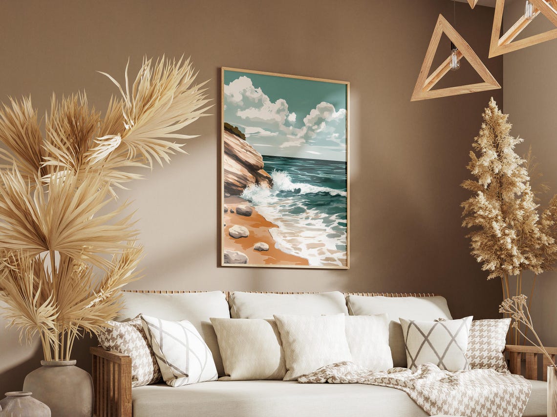 Ocean Wave Crashing Against a Rocky Cliff Sandy Beach Poster - Image 3