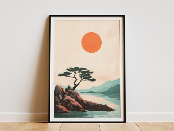 Japanese Nature Poster Shirakamisanchi Print Minimalist Mountain Lake Art Calm Landscape Illustration Flat Style Wall Decor Japanese Pine