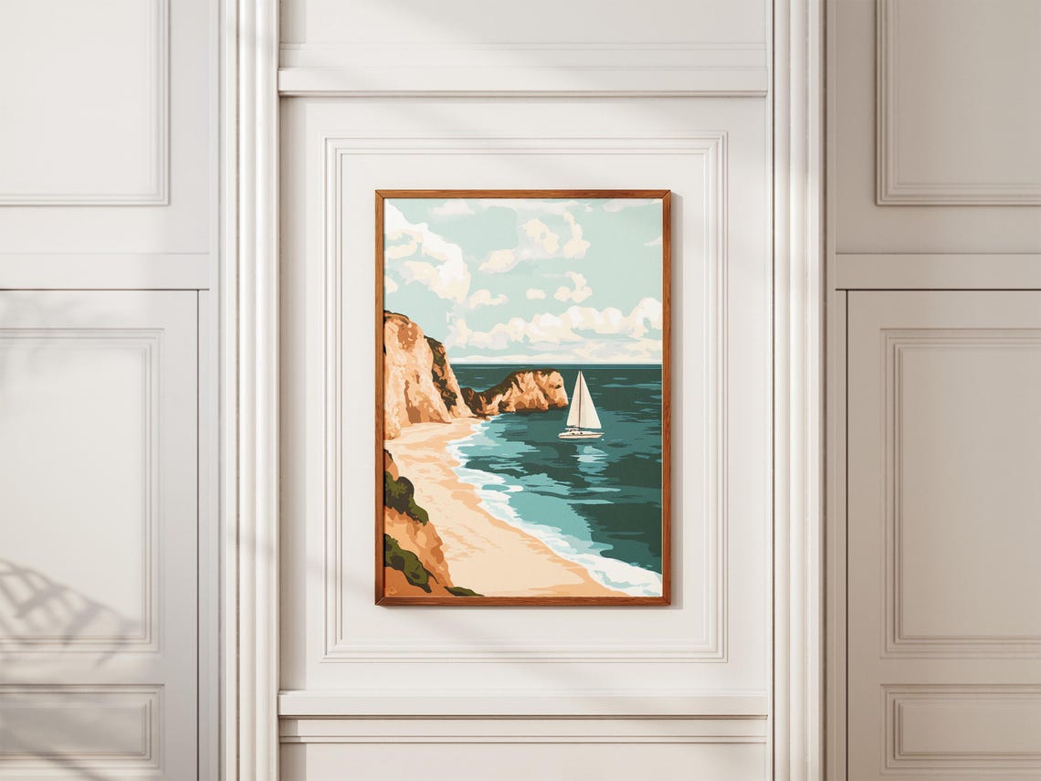 Sailboat Passing Sandy Beach Coastal Cliffs Landscape Poster - Image 2