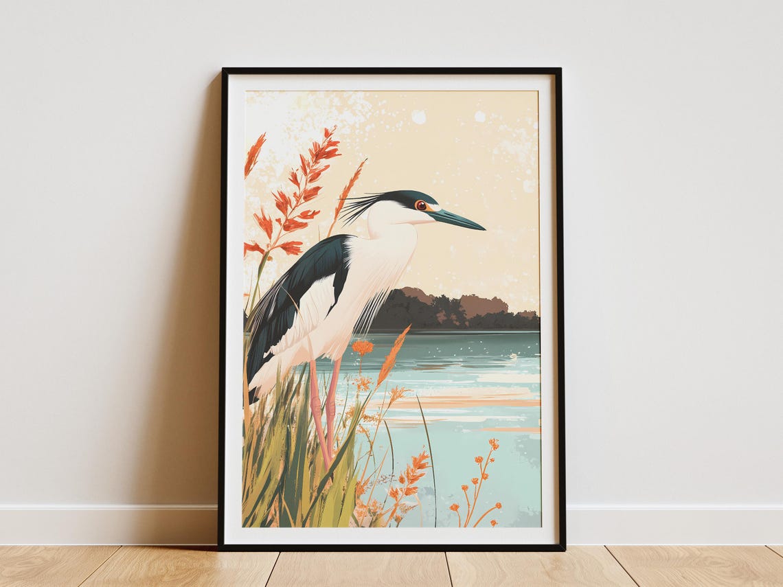 Black-Crowned Night Heron at a Lagoon Bird Illustration Poster