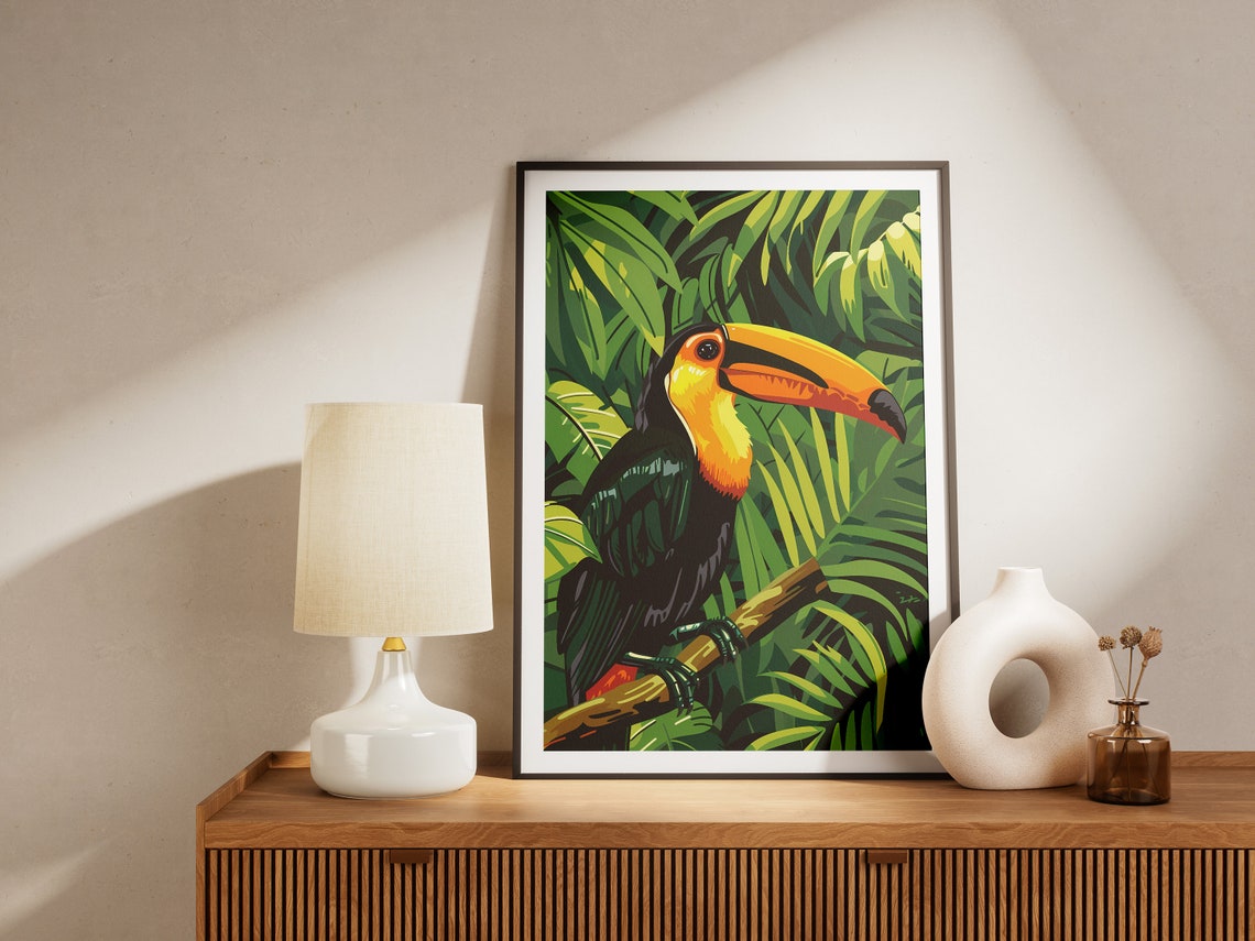 Vibrant Toucan Perched in Lush Tropical Jungle Leaves Poster - Image 2