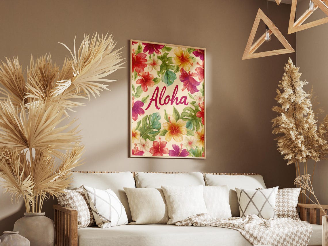 Aloha Script Typography Watercolor Hibiscus Tropical Floral Poster - Image 3