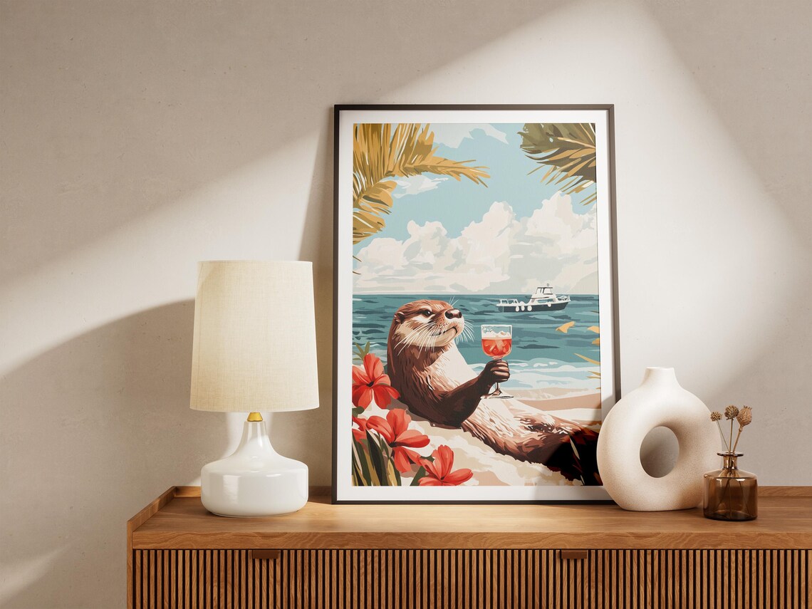 Beach Otter Holding a Glass of Wine Among Hibiscus Flowers Poster - Image 5