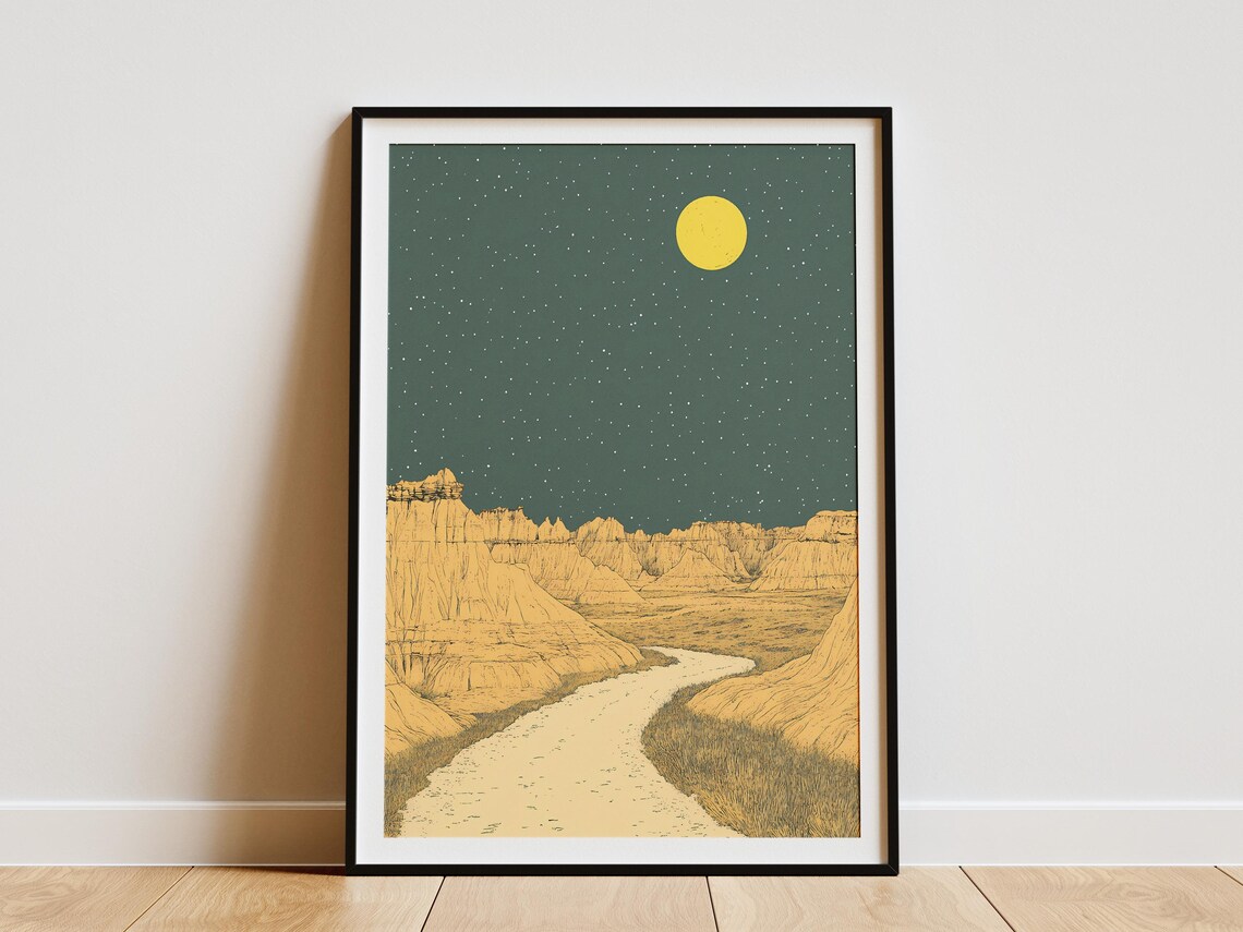 Badlands National Park Moonlit Canyon With Winding Riverbed Night Poster