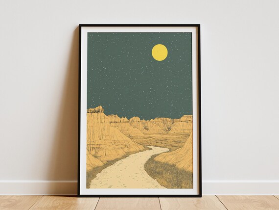 Badlands National Park Moonlit Canyon With Winding Riverbed Night Poster