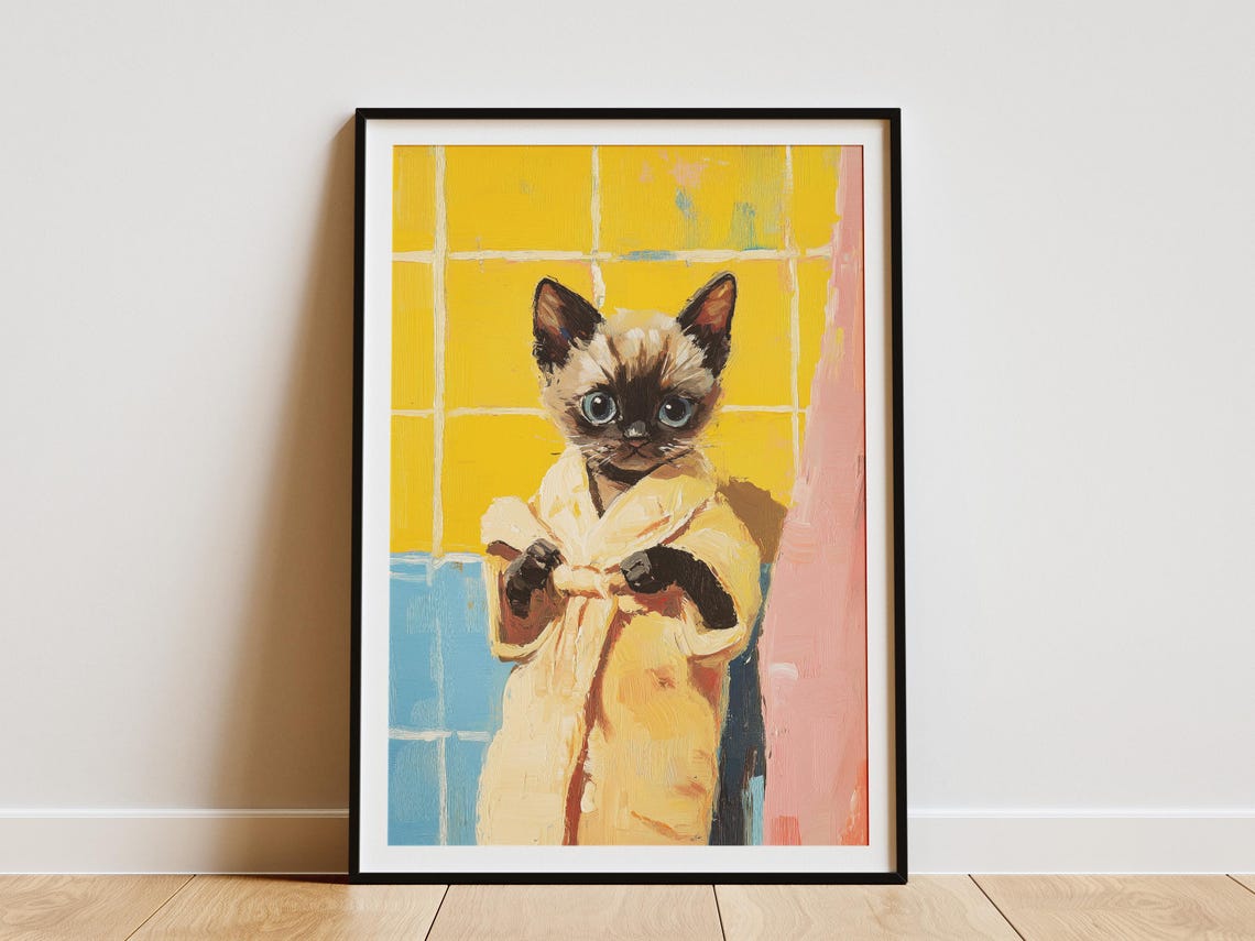 Siamese Kitten in Cream Bathrobe Yellow Tile Cute Cat Bathroom Poster