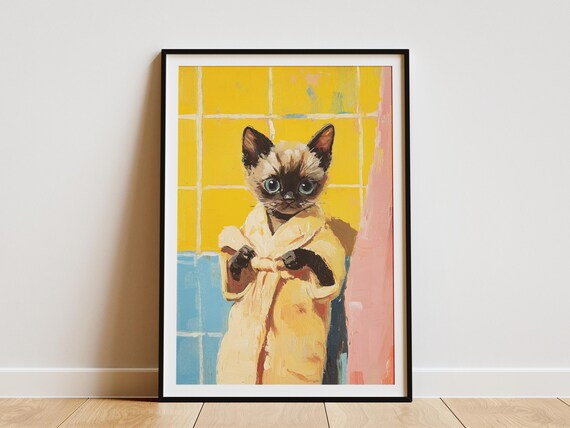 Siamese Kitten in Cream Bathrobe Yellow Tile Cute Cat Bathroom Poster