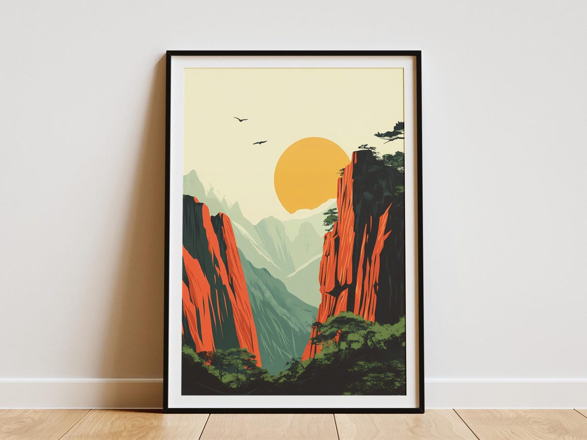 Wolong China Mountain Gorge Red Cliffs Sun Vintage Travel Decor Poster