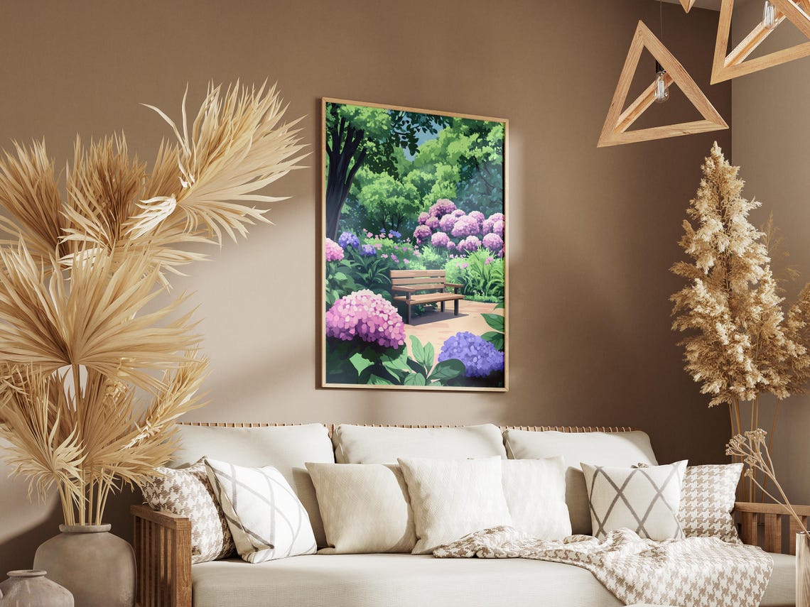 Hydrangea Park Bench Peaceful Summer Garden Retreat Art Poster - Image 3