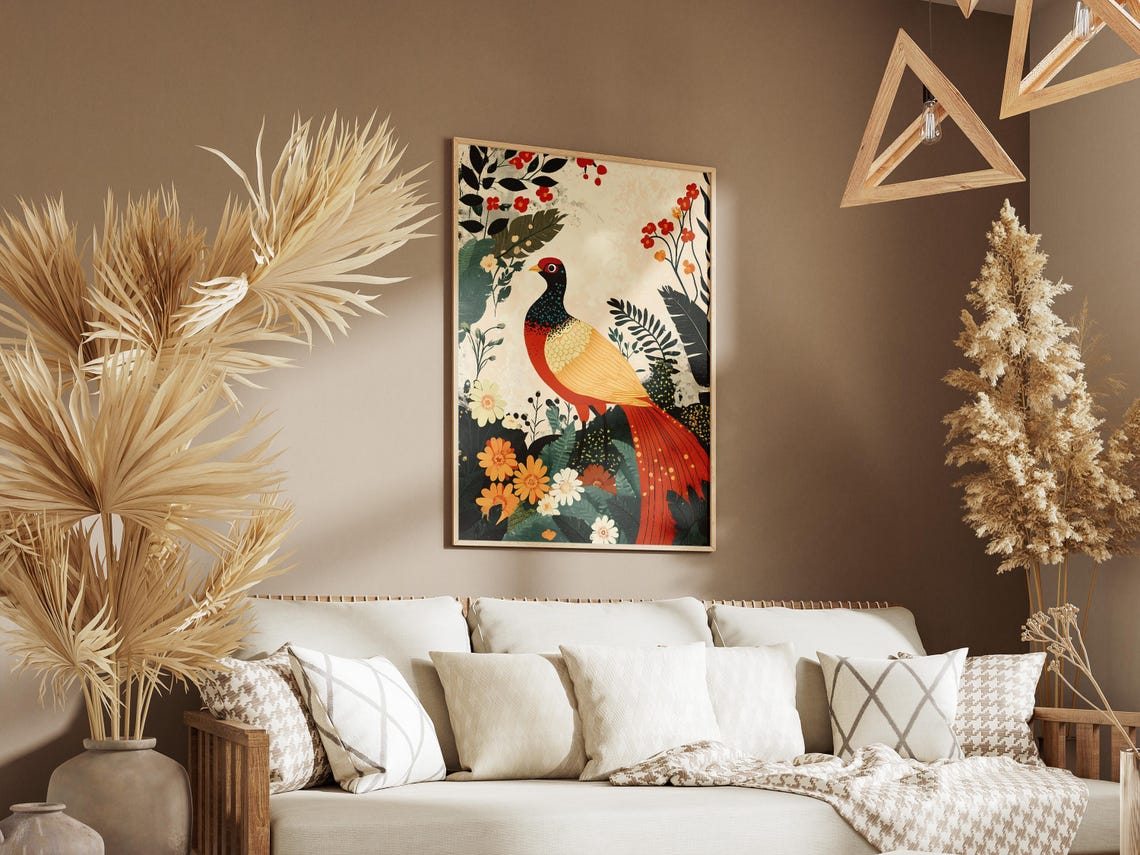 Golden Pheasant Red Tail Tropical Flowers Chinoiserie Poster - Image 3