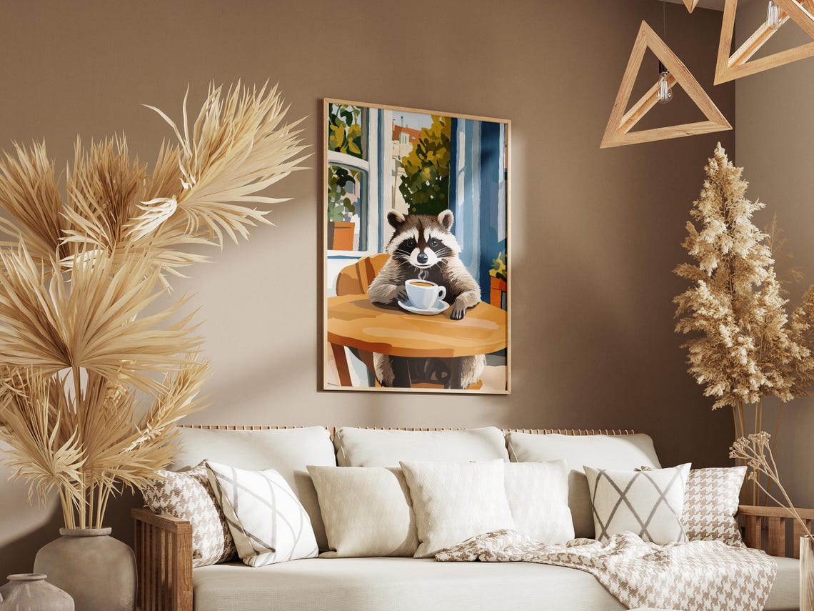 Raccoon With Steaming Coffee At A Round Wooden Cafe Table Poster - Image 3