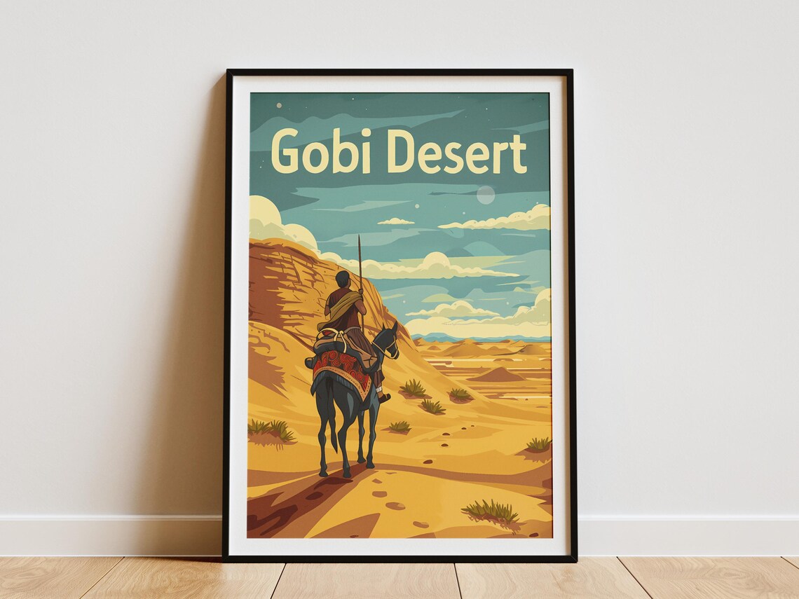 Gobi Desert Camel Rider Starry Sky Vintage Travel Art Poster
