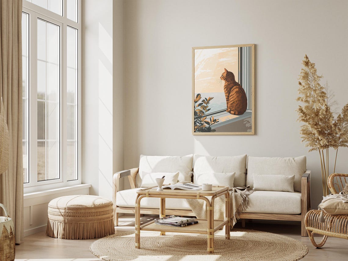 Orange Tabby Cat Gazing Out a Golden Sunset Ocean Window Poster - Image 4