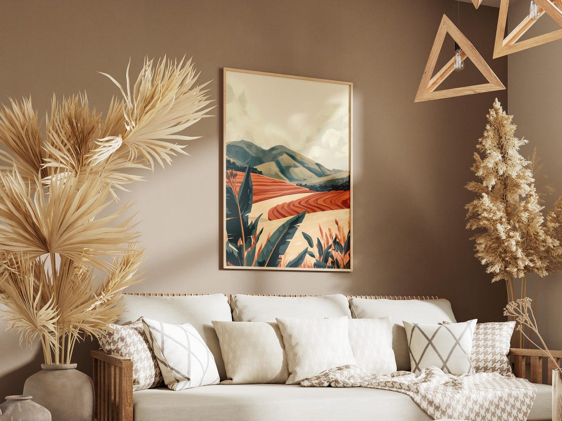 Terraced Orange Fields With Green Mountains Modern Farm Poster - Image 3