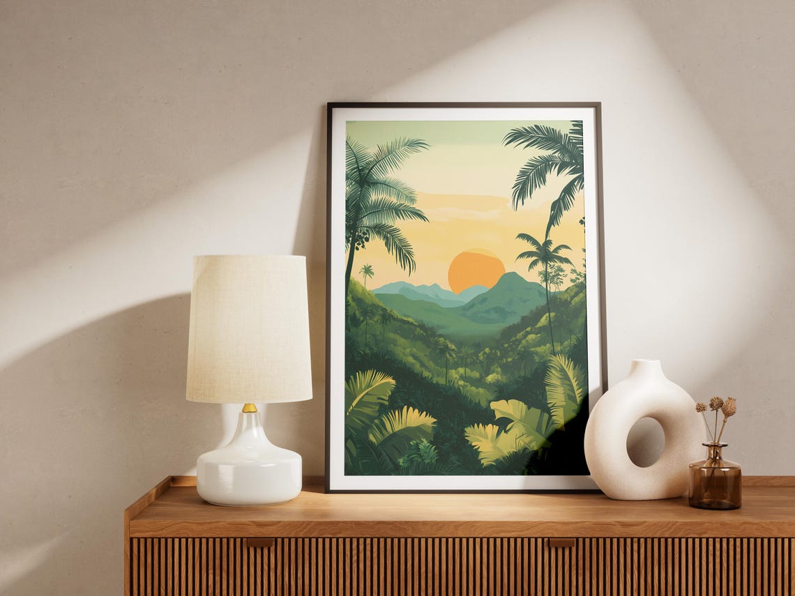 Tropical Jungle Sunrise Poster Mountain Valley Palm Wall Decor Gift - Image 4