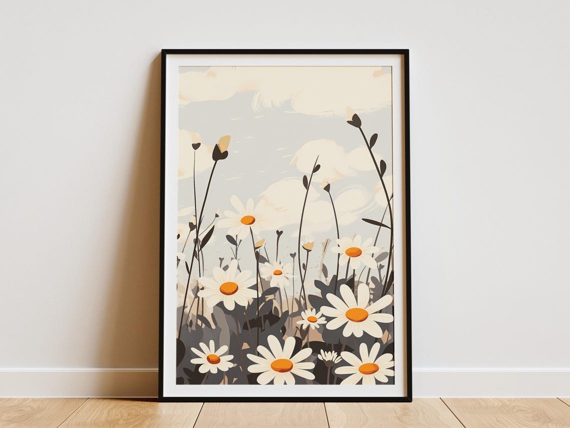 White Daisy Field Wildflowers Cloudy Sky Illustration Poster
