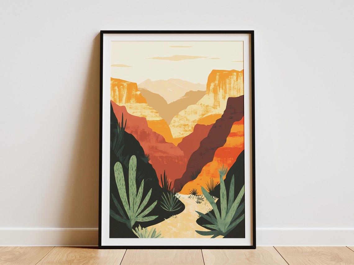 Desert Canyon with Agave Plants at Sunset Illustration Poster