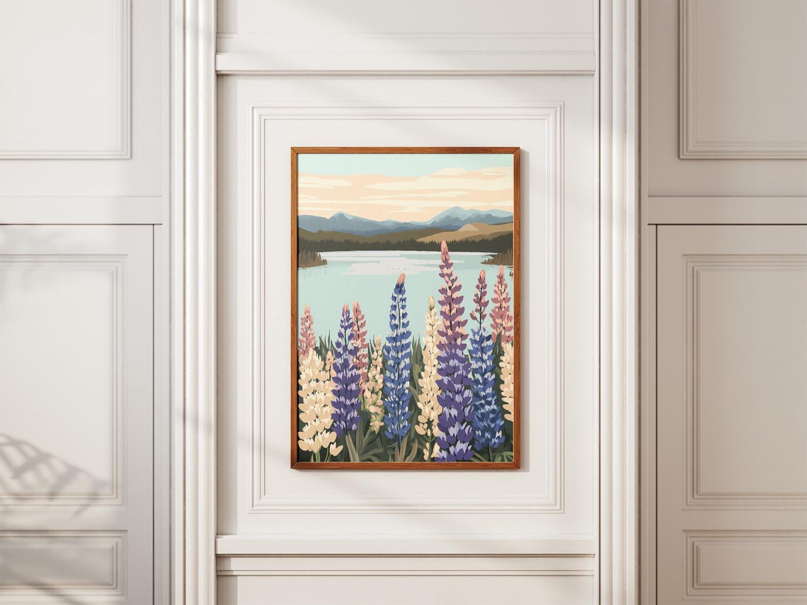 Blue Purple Lupine Flowers by a Calm Mountain Lake Art Poster - Image 2
