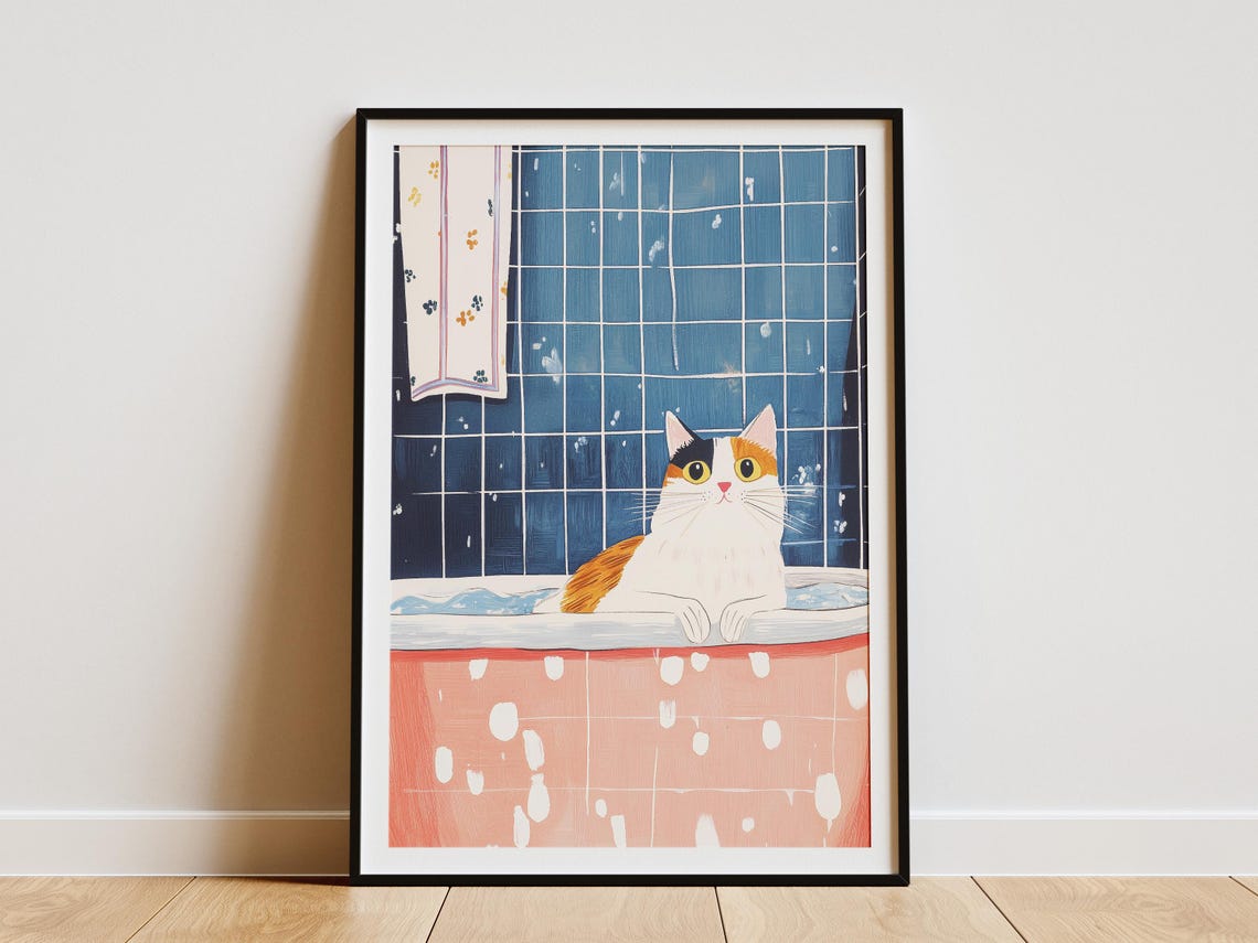 Calico Cat In Bubble Bath Poster Funny Pet Art For Bathroom Home Decor