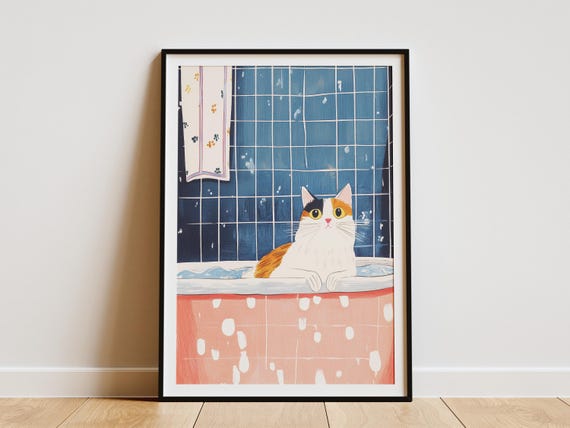 Turkish Van Cat Bathtub Poster Bathroom Wall Art Lover Gift Funny Print Pet Portrait Animal Home Decor Cute