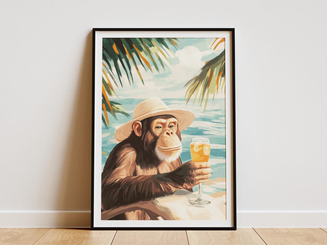 Chimpanzee in a Sun Hat Sipping a Tropical Beach Cocktail Poster