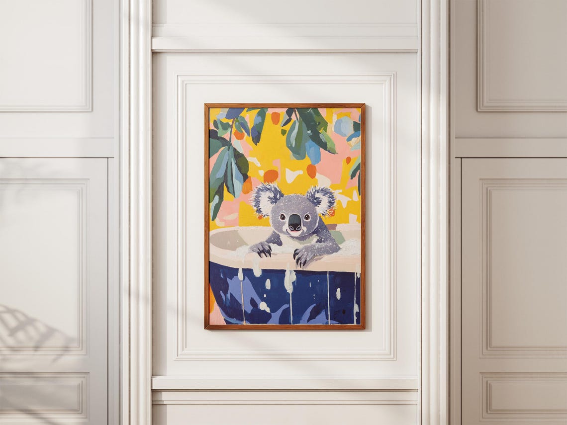 Cute Koala in Blue Bathtub Colorful Bathroom Illustration Art Poster - Image 2