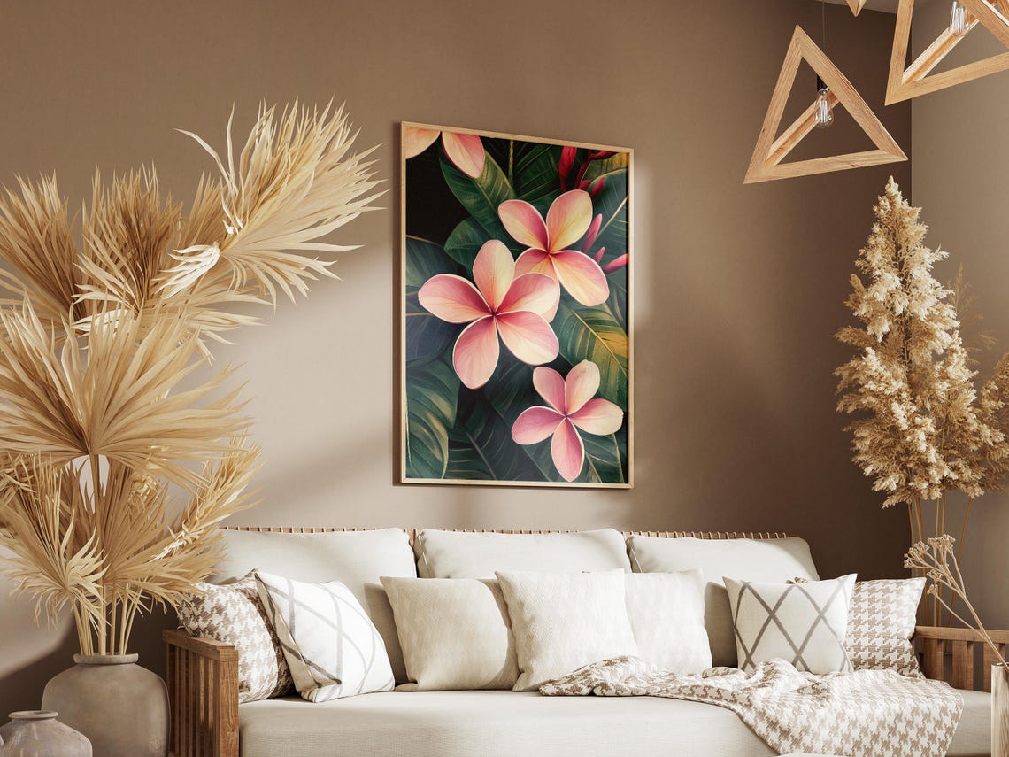 Pink Frangipani Blossoms On Dark Green Tropical Leaves Poster - Image 3