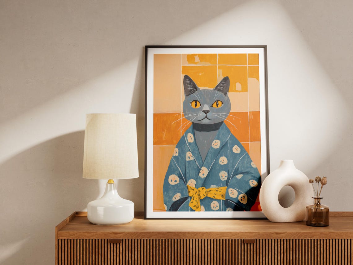 British Shorthair Cat in Blue Kimono Robe Elegant Art Poster - Image 4
