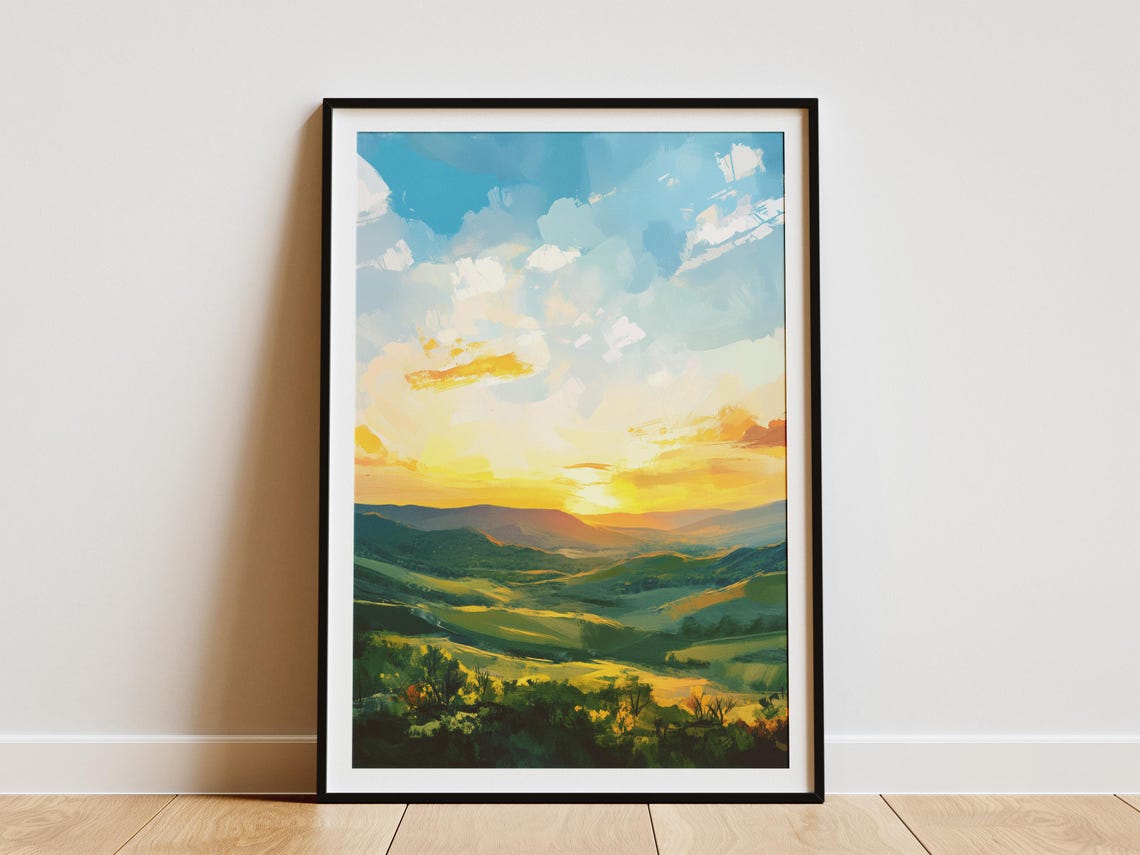 Golden Sunset Light Over Green Rolling Valleys Scenic Poster