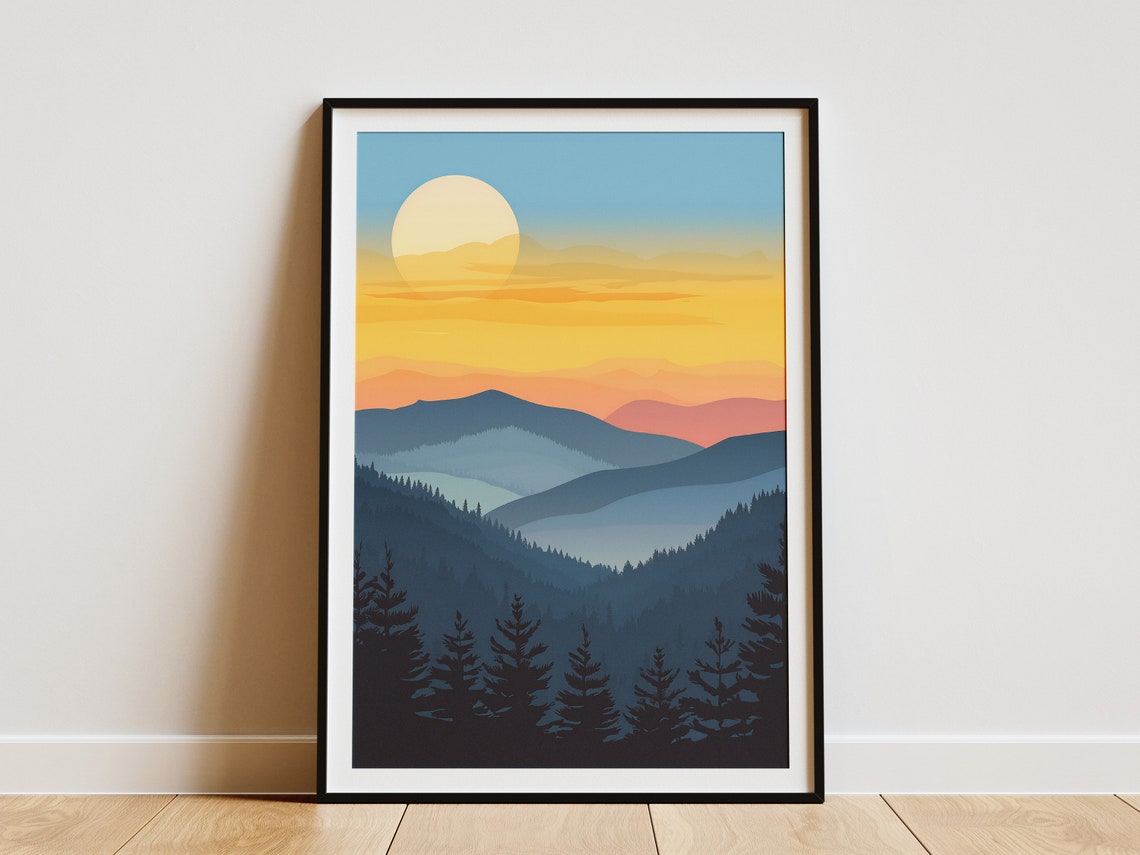 Layered Blue Mountain Ridges Sunset Pines Landscape Art Poster