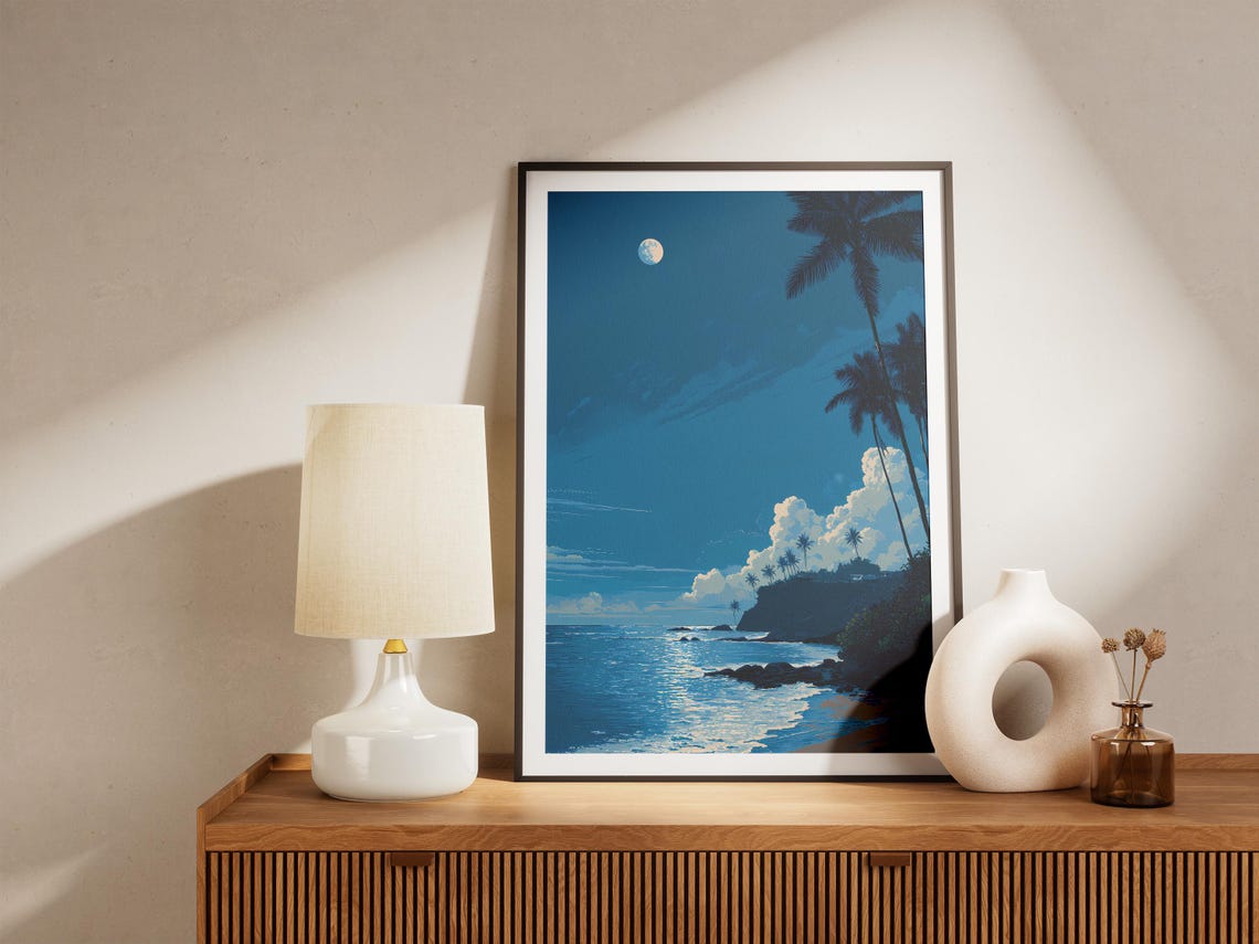 Moonlit Tropical Beach Night Palm Trees Ocean Waves Serene Poster - Image 4