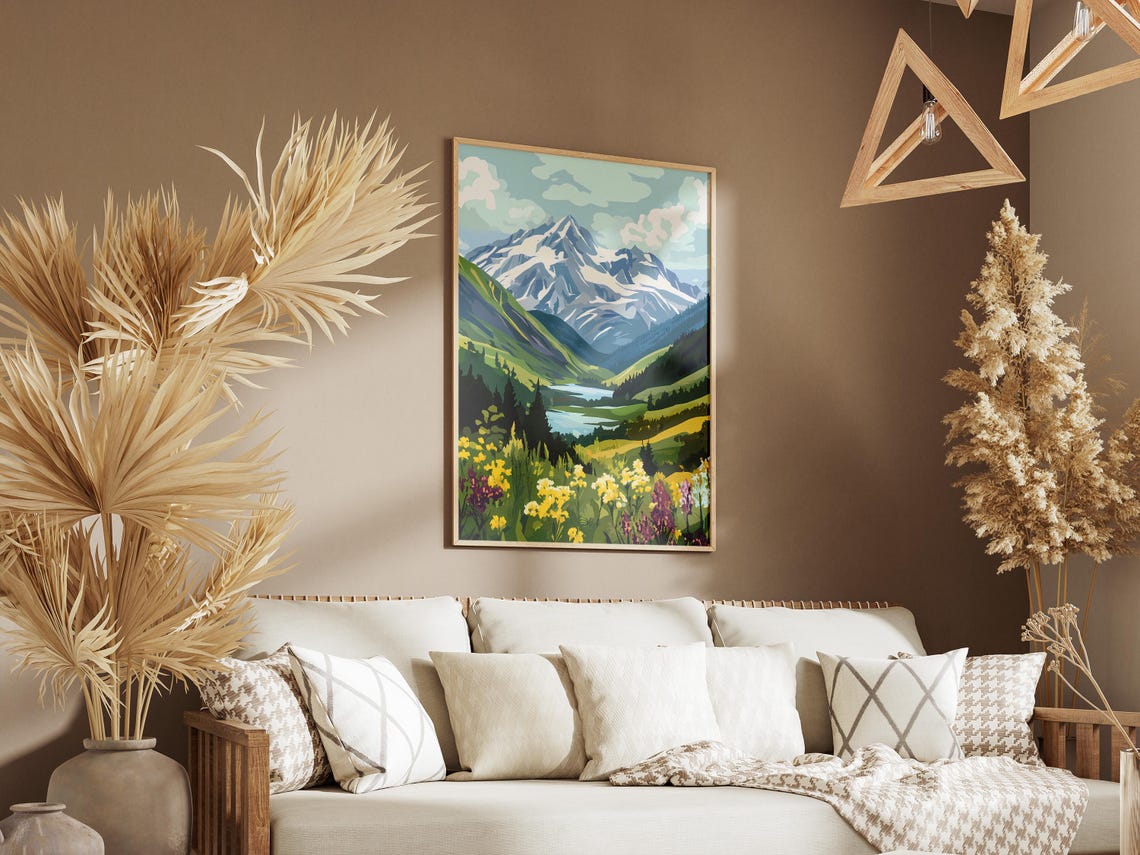 Snowcapped Peak Alpine Meadow Wildflowers Lake Landscape Poster - Image 3