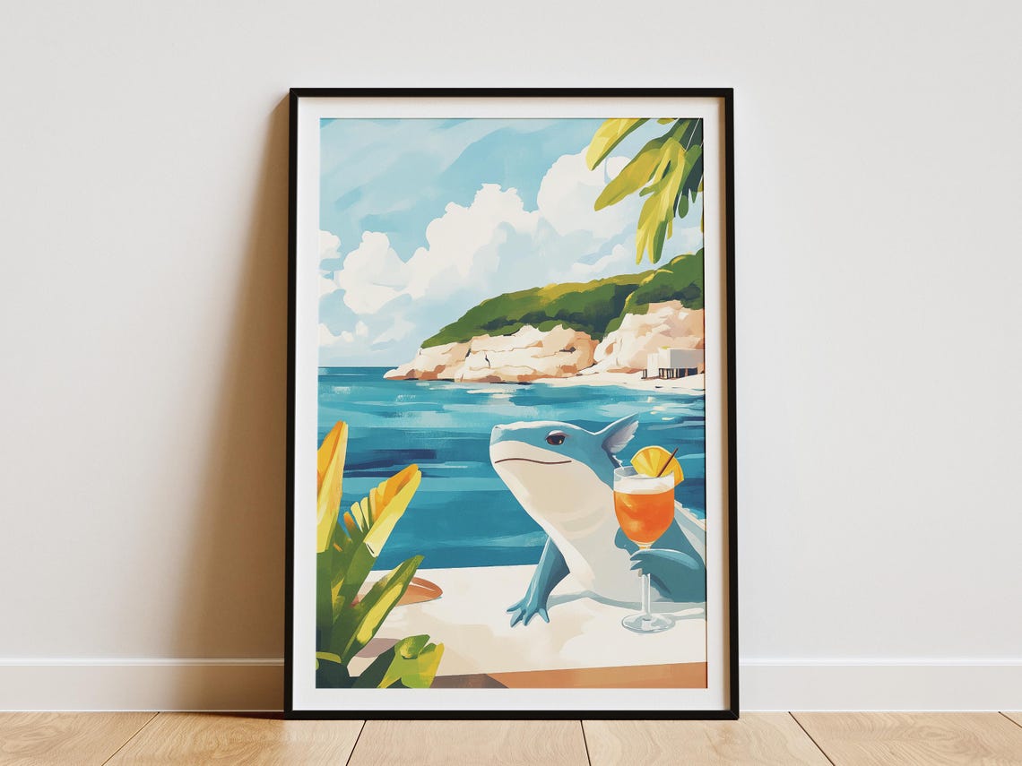 Cute Blue Axolotl Drinking Cocktail Tropical Beach Summer Poster