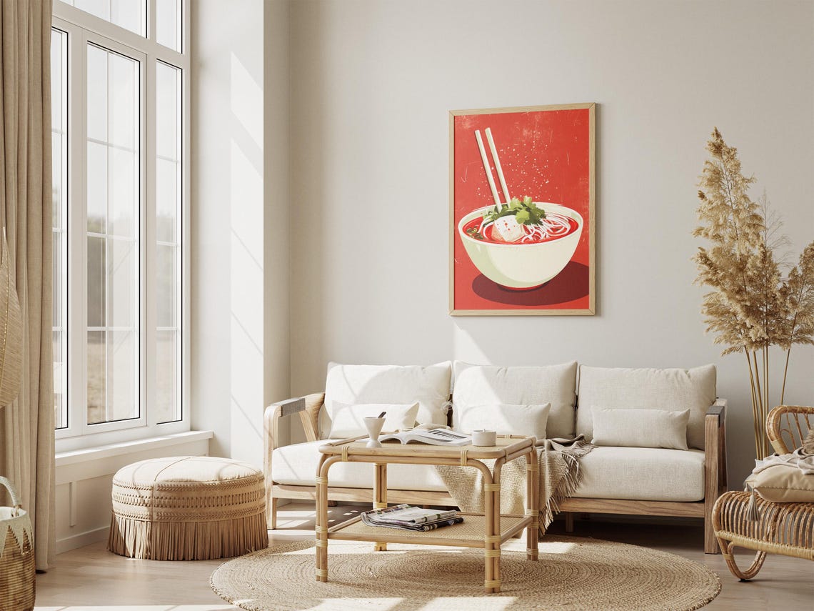 Pho Noodle Bowl On Bold Red Background Vintage Food Art Poster - Image 4