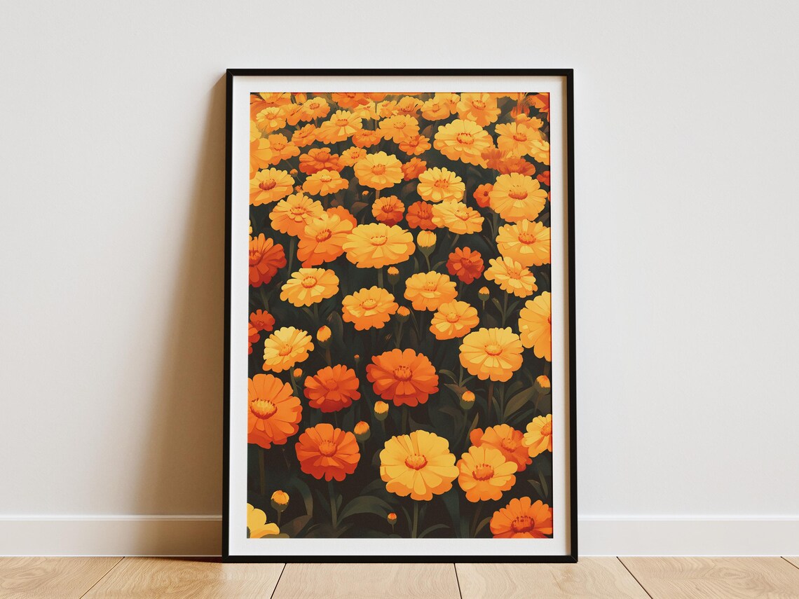 Dense Orange Marigold Flower Bed Poster in Warm Autumn Blooms