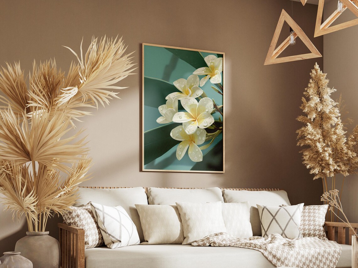 Plumeria Flower White Blossom Dew Drops Tropical Botanical Art Poster - Image 3