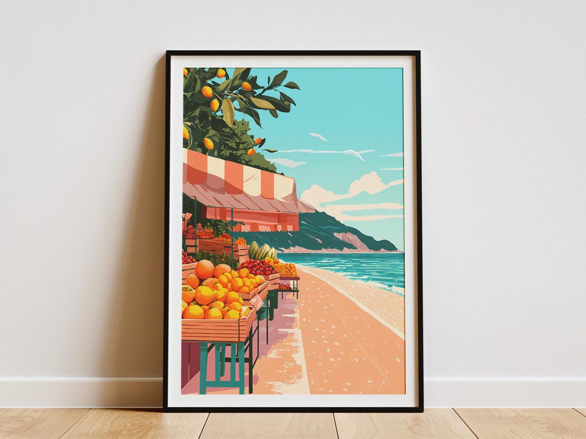 Seaside Fruit Market Oranges Beach Town Summer Illustration Poster